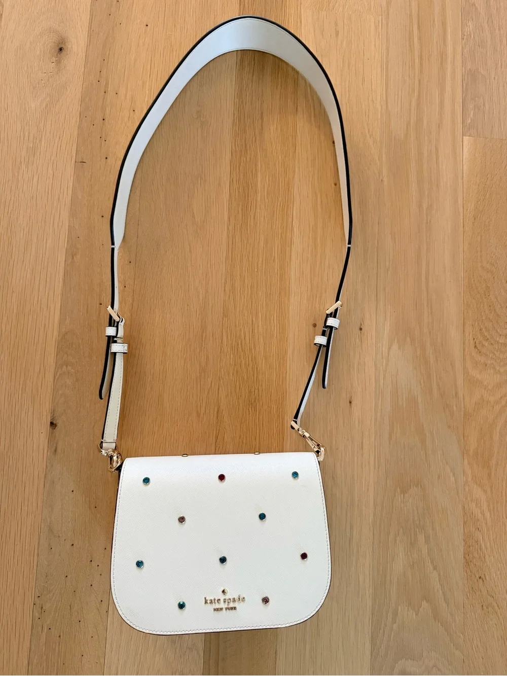 kate spade White Leather Crossbody with Multicolor Gem Studs